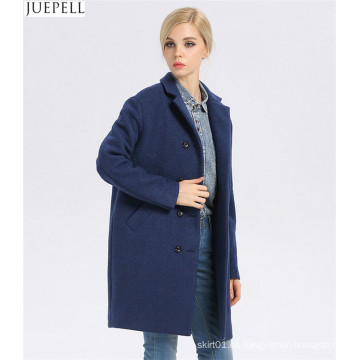 Abrigo de lana azul a estrenar de las mujeres de la buena calidad de Europa Abrigo de lana azul de las mujeres de doble botonadura largas